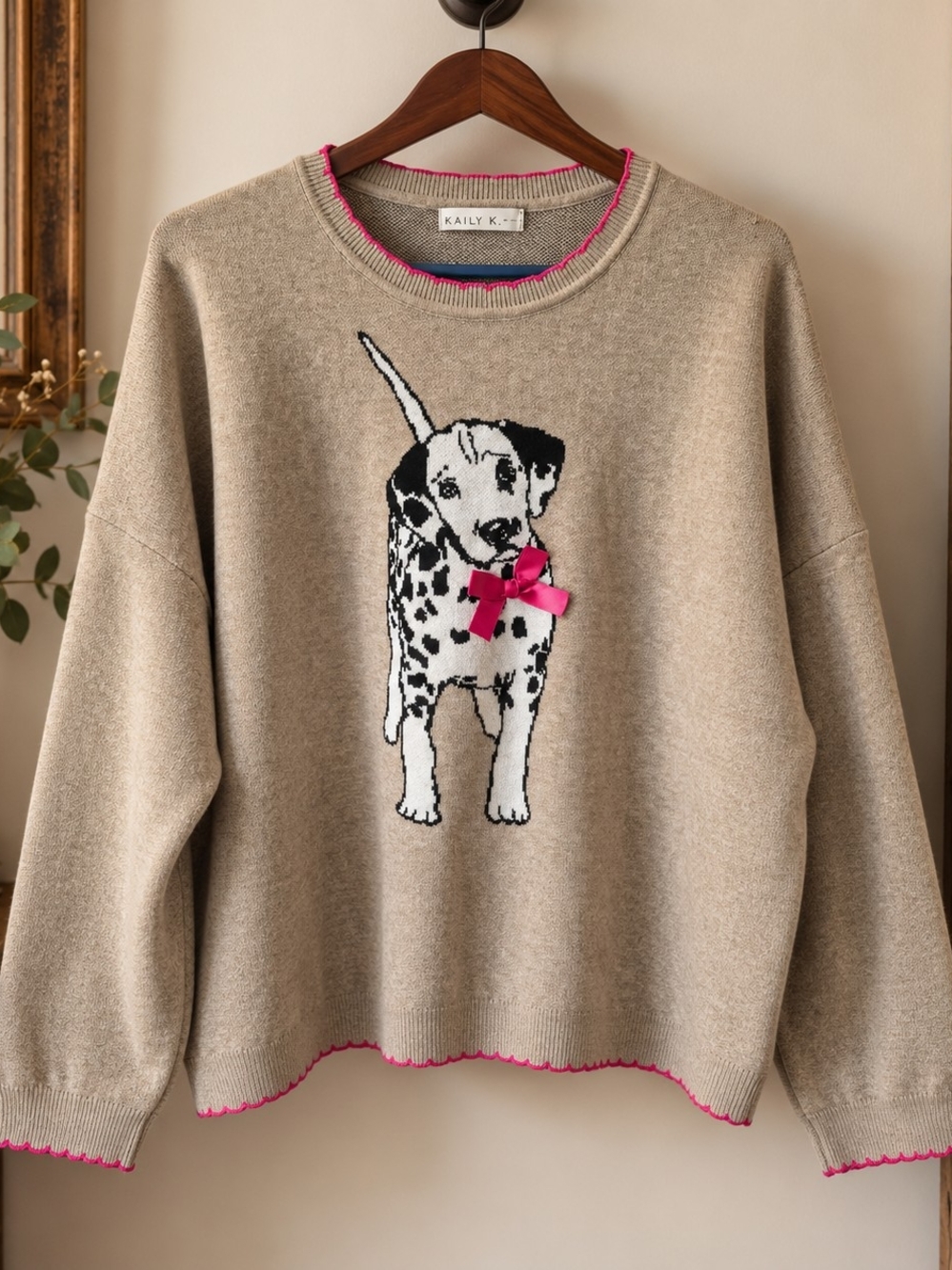 Kaily K Dalmatian Dog Sweater Pink Bow Oversized Knit 3X 29" PTP